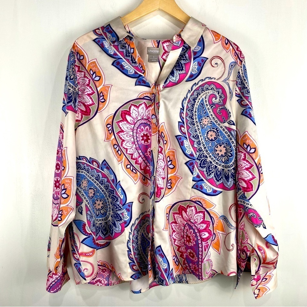 Chico's No Iron Caroline Western Paisley Button Up Down Blouse Shirt Top 3 16/18